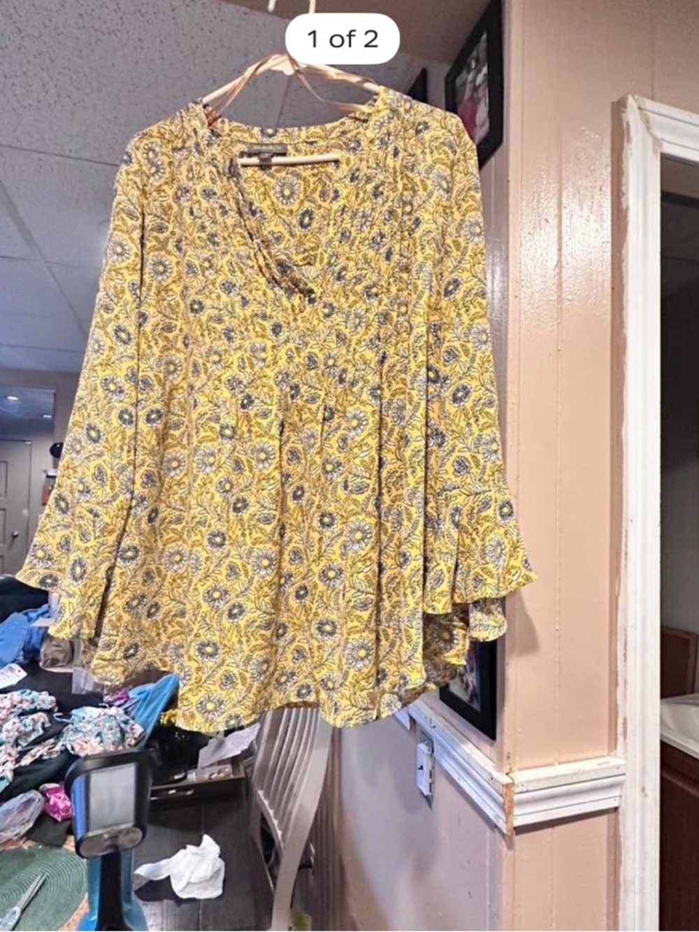 LC Lauren Conrad Yellow Floral Peasant Blouse with Bell Sleeves